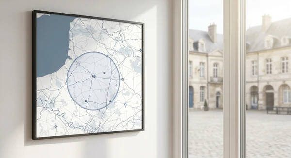Une carte géographique professionnelle montrant la région de la Somme avec la ville de Domvast en point central, entourée d'un cercle de rayon 65 km délimitant la zone d'intervention principale, avec les villes clés mentionnées (Abbeville, Amiens, Saint-Valéry-sur-Somme) clairement identifiées et visibles. L'illustration doit être nette, épurée et professionnelle, avec un style cartographique moderne sans texte ou logo encombrant.