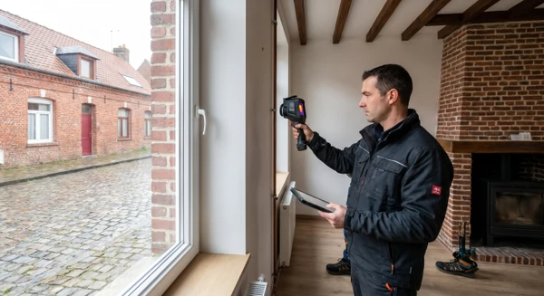 Une photographie professionnelle d'un diagnostiqueur immobilier en action, utilisant un équipement de diagnostic (thermomètre infrarouge, inspecteur, ou outil de mesure), dans une maison résidentielle typique de la région Hauts-de-France. L'image montre le professionnel en train d'effectuer un diagnostic dans un intérieur, illustrant concrètement le service proposé et le terrain d'intervention auprès des habitants de la région. La photo est prise en lumière naturelle, montrant un contexte résidentiel authentique et professionnel.