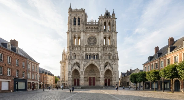 Une photographie professionnelle de la cathédrale d'Amiens ou d'un point de repère emblématique d'Amiens (façade historique ou perspective urbaine reconnaissable), prise en lumière naturelle, montrant l'architecture locale de la ville sans texte ni filigrane, illustrant concrètement l'une des principales villes de la zone d'intervention.