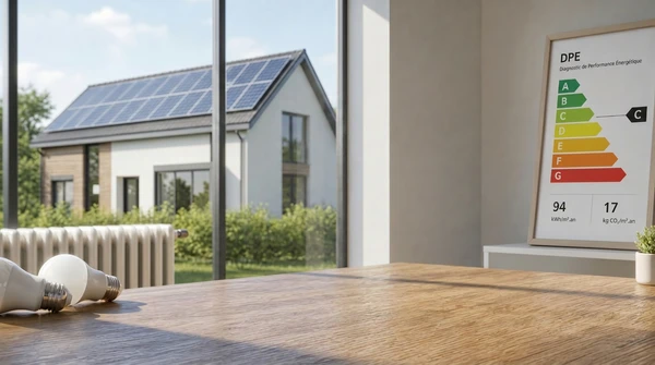 Scène d'intérieur montrant une ampoule LED basse consommation posée sur un document d'étiquetage énergétique européen